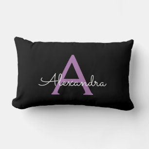 Purple Black Script Girly Monogram Name Lumbar Cushion