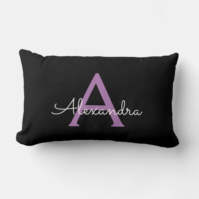 Purple Black Script Girly Monogram Name Lumbar Cushion (Front)