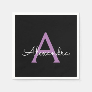 Purple Black Script Girly Monogram Name Napkin