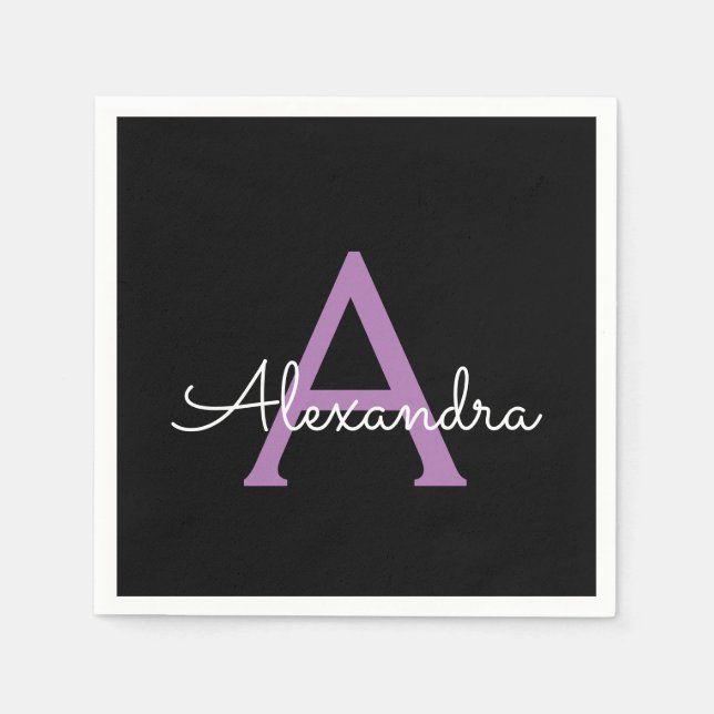 Purple Black Script Girly Monogram Name Napkin (Front)