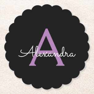 Purple Black Script Girly Monogram Name Paper Coaster