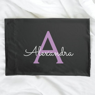 Purple Black Script Girly Monogram Name Pillowcase