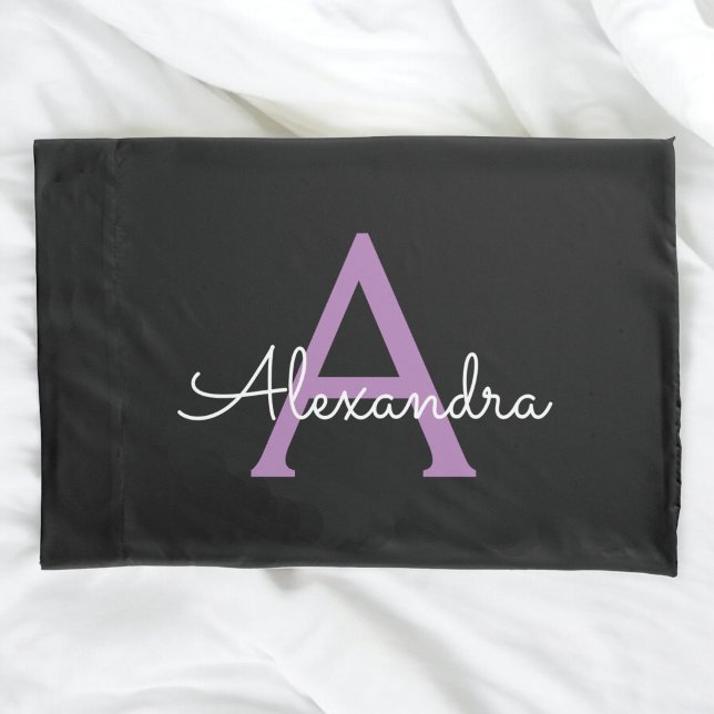 Purple Black Script Girly Monogram Name Pillowcase (Creator Uploaded)