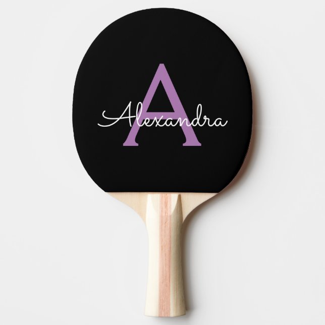 Purple Black Script Girly Monogram Name Ping Pong Paddle (Front)