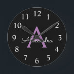 Purple Black Script Girly Monogram Name Round Clock<br><div class="desc">Purple and Black Simple Script Monogram Name Clock. This makes the perfect sweet 16 birthday,  wedding,  bridal shower,  anniversary,  baby shower or bachelorette party gift for someone that loves glam luxury and chic styles.</div>
