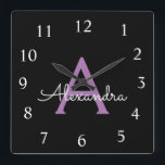 Purple Black Script Girly Monogram Name Square Wall Clock<br><div class="desc">Purple and Black Script Monogram Name Clock. This makes the perfect sweet 16 birthday,  wedding,  bridal shower,  anniversary,  baby shower or bachelorette party gift for someone that loves glam luxury and chic styles.</div>
