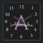 Purple Black Script Girly Monogram Name Square Wall Clock<br><div class="desc">Purple and Black Script Monogram Name Clock. This makes the perfect sweet 16 birthday,  wedding,  bridal shower,  anniversary,  baby shower or bachelorette party gift for someone that loves glam luxury and chic styles.</div>