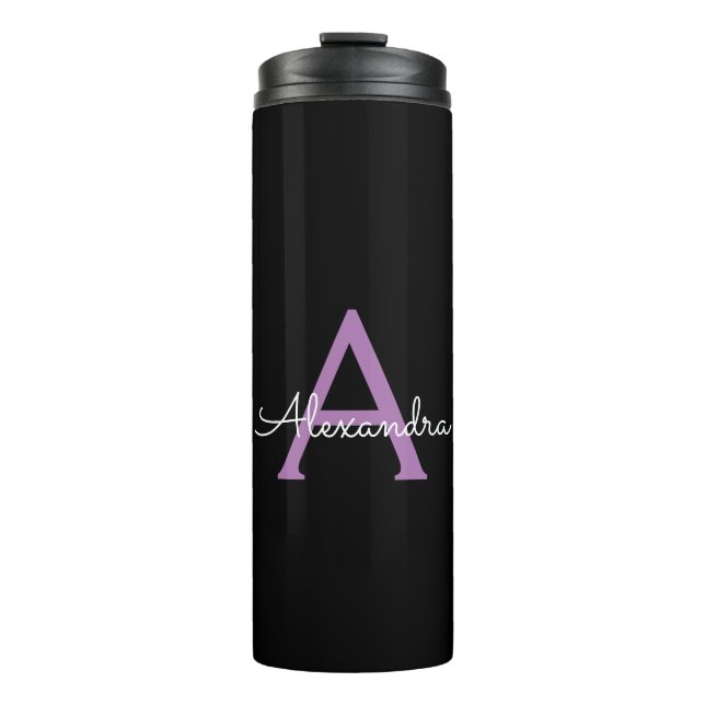 Purple Black Script Girly Monogram Name Thermal Tumbler (Front)