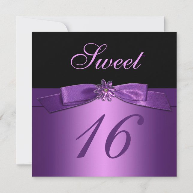 Purple Black Sequin Flower Bow (PRINTED) Sweet 16 Invitation (Front)