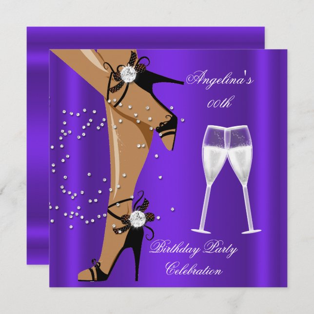 Purple Black Shoes Champagne Glass Birthday Party Invitation (Front/Back)