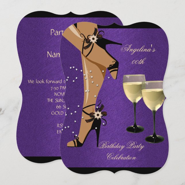 Purple Black Shoes Wine Glass Birthday Party Invitation (Front/Back)