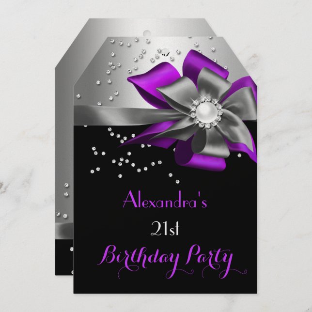 Purple Black Silver Bow Pearl Birthday Party Invitation (Front/Back)