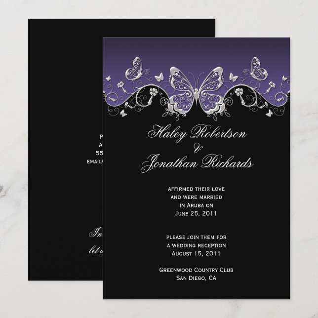 Purple Black Silver Butterflies Post Wedding Invitation (Front/Back)