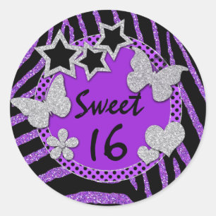 Purple Black Silver FAUX Glitter Sweet 16 Sticker