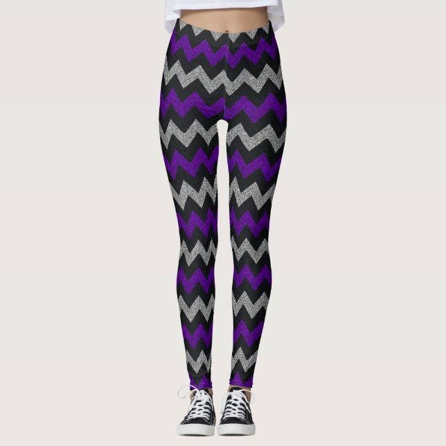 Purple black silver glitter chevron leggings (Front)