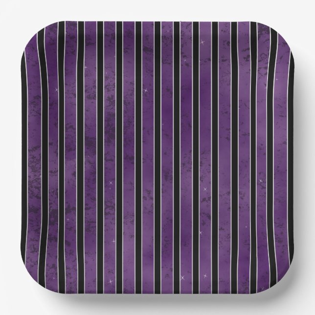 PURPLE BLACK SILVER HALLOWEEN STRIPES PAPER PLATE (Front)