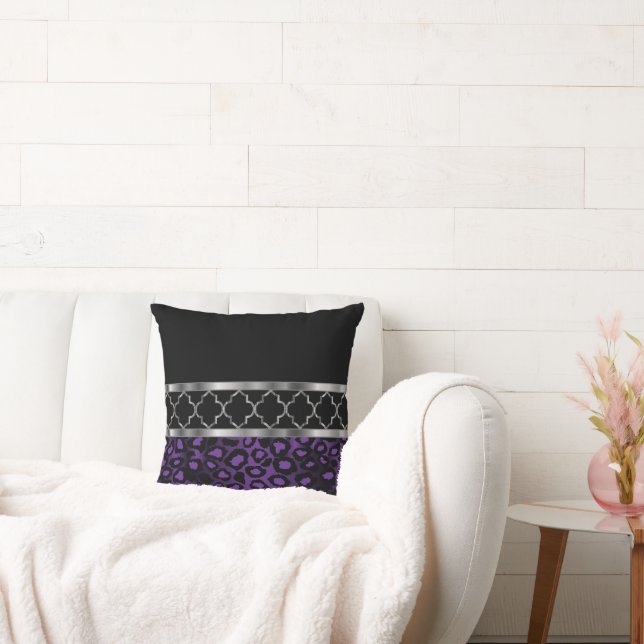 Purple, Black & Silver Quatrefoil and Leopard Cushion (Couch)
