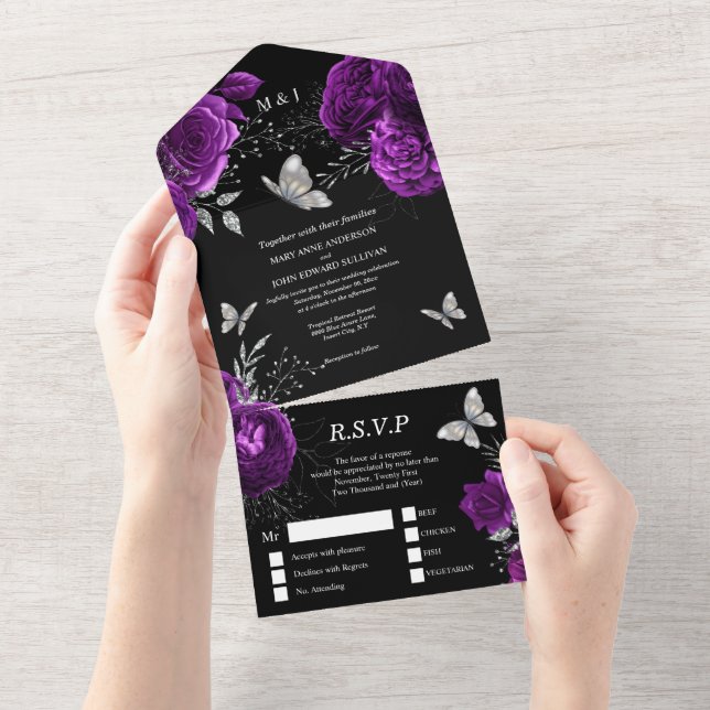 Purple black silver rose elegant butterfly glam  all in one invitation (Tearaway)