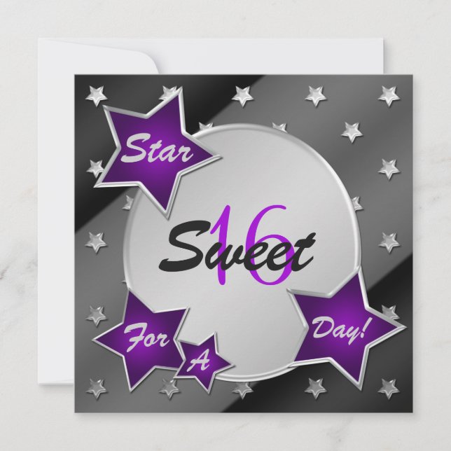 Purple, Black, Silver Stars Sweet 16 Invitation (Front)