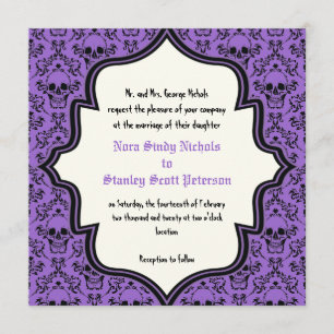 Purple black skulls damask Halloween wedding Invitation