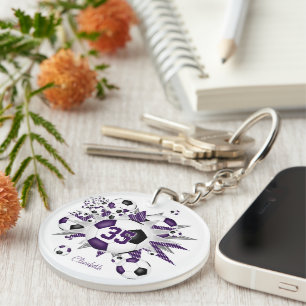 Purple black soccer ball blowout athlete name key ring