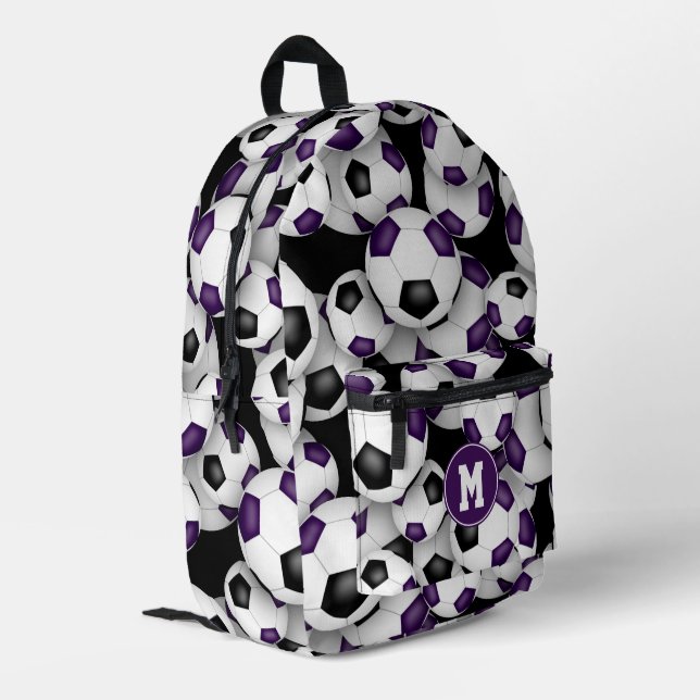 purple black soccer balls pattern monogrammed printed backpack (Back Corner Left)