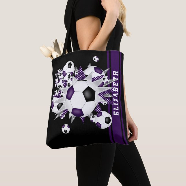 Purple black soccer balls stars athlete fan name tote bag (Close Up)
