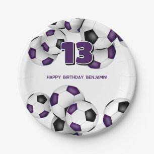 purple black soccer team colours birthday party paper plate