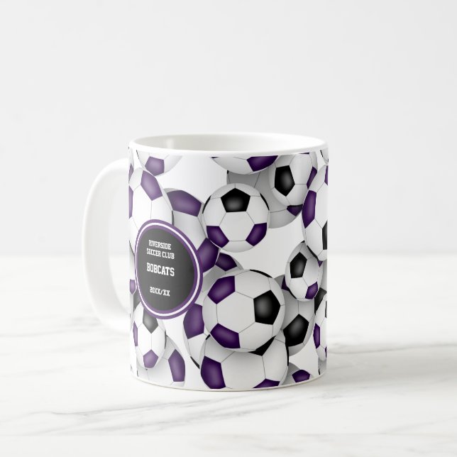 Purple black soccer team colours gift for coach coffee mug (Front Left)