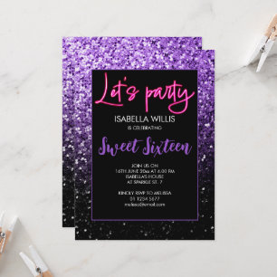 Purple black sparkles Sweet 16 neon lets party  Invitation
