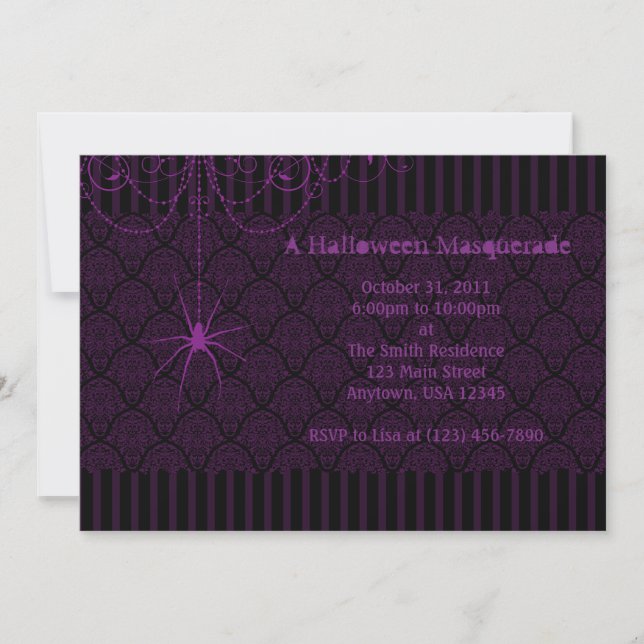 Purple & Black Spider Damask Halloween Invitations (Front)