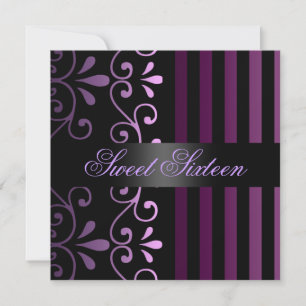Purple/Black Stripe & Swirl Sweet 16 Invitation
