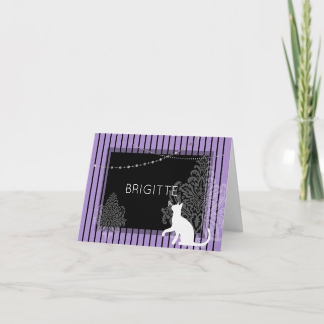 Purple & black stripes, and white cat holiday card (Front)