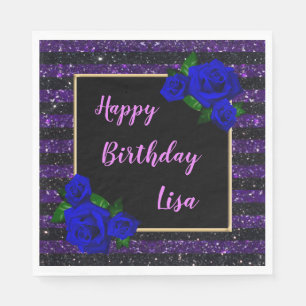 Purple Black Stripes Glitter Deep Blue Roses Napkin