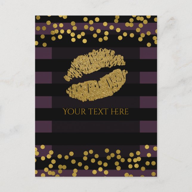 Purple & Black Stripes Gold Faux Foil Dots Postcard (Front)