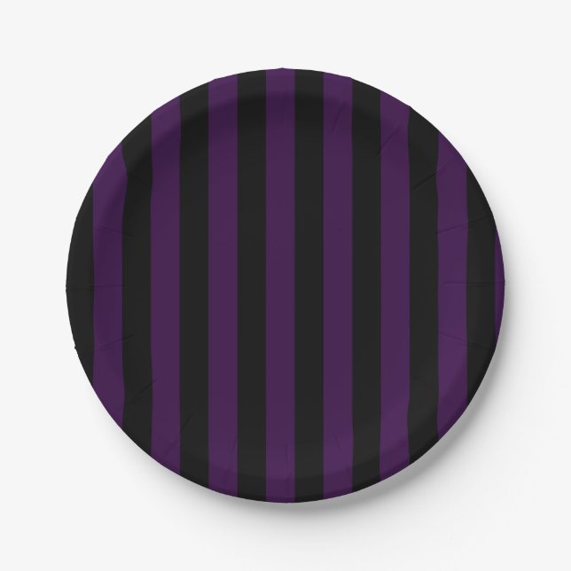 Purple & Black Stripes Halloween Party Paper Plate (Front)