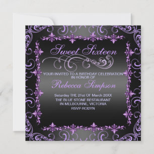 Purple/Black Sweet Sixteen Swirl Birthday Invite