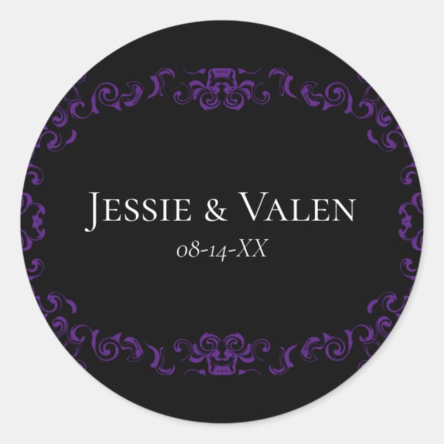 Purple & Black Swirl Gothic Wedding Classic Round Sticker (Front)