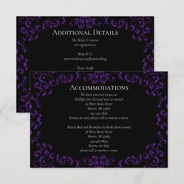 Purple & Black Swirl Gothic Wedding Enclosure Card (Front/Back)