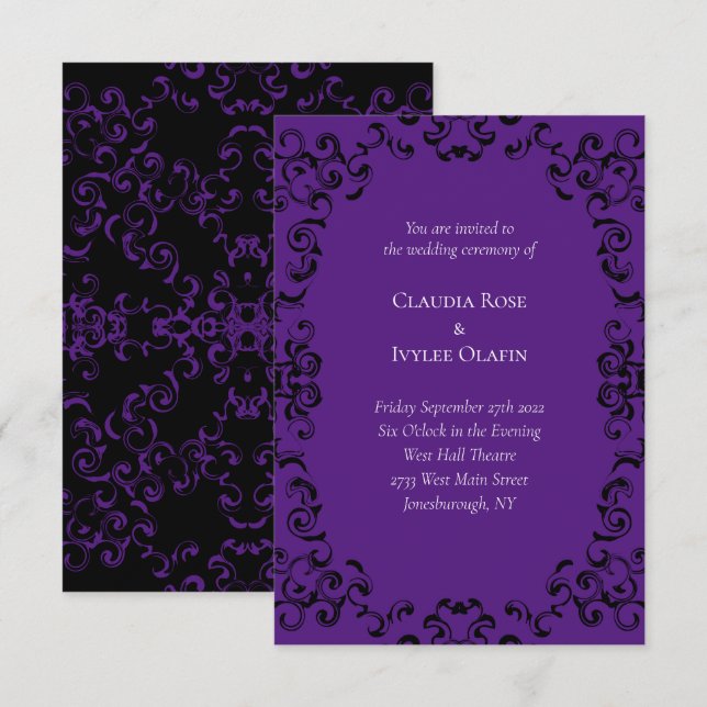 Purple & Black Swirl Gothic Wedding Invitation (Front/Back)