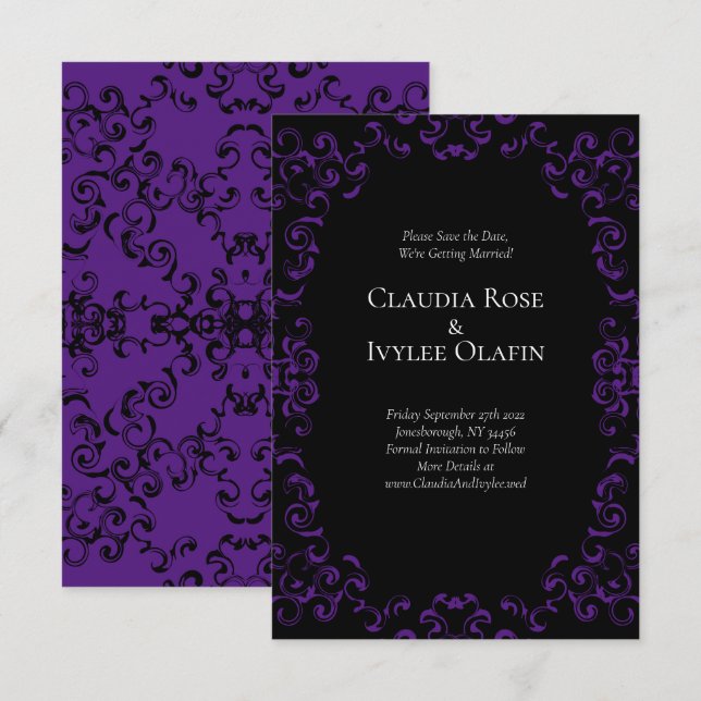 Purple & Black Swirl Gothic Wedding Invitation (Front/Back)