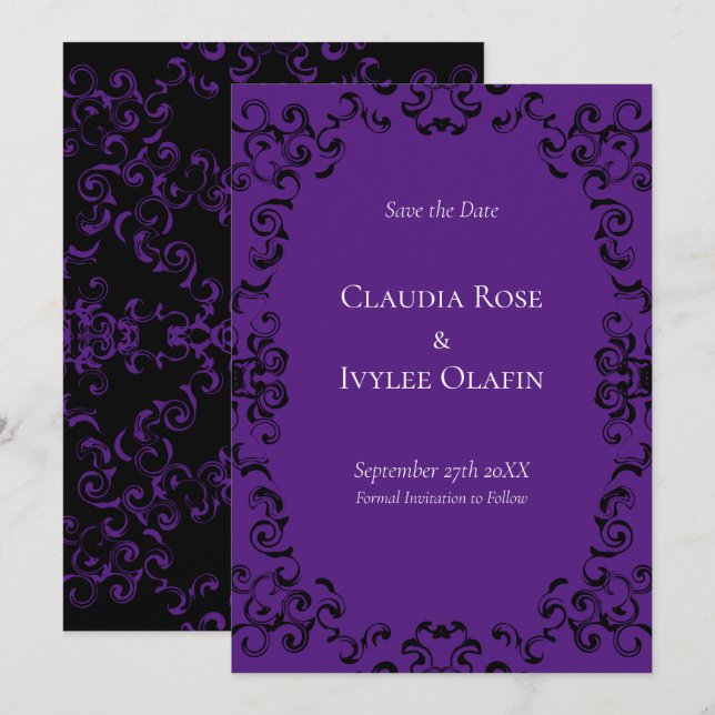 Purple & Black Swirl Gothic Wedding Invitation (Front/Back)