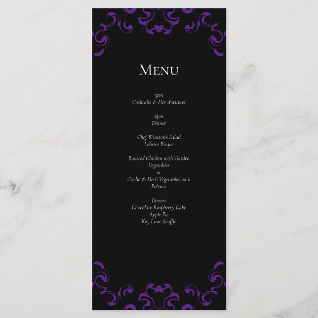 Purple & Black Swirl Gothic Wedding Menu (Front)