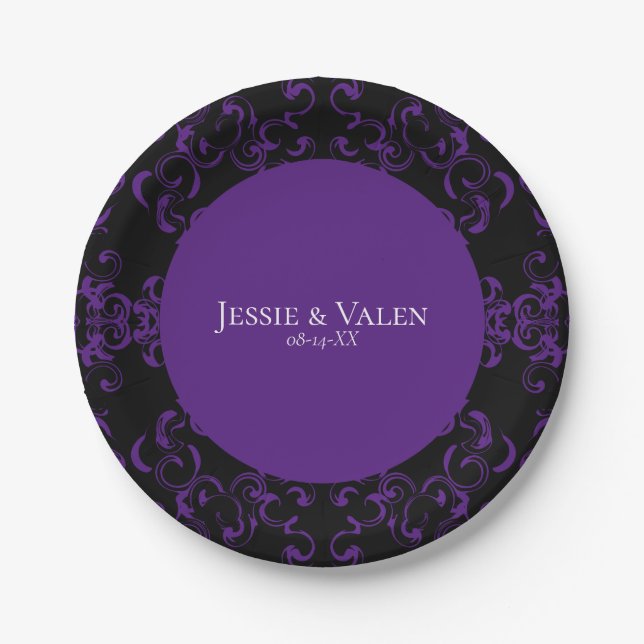 Purple & Black Swirl Gothic Wedding Paper Plate (Front)