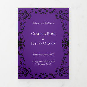 Purple & Black Swirl Gothic Wedding Tri-Fold Programme