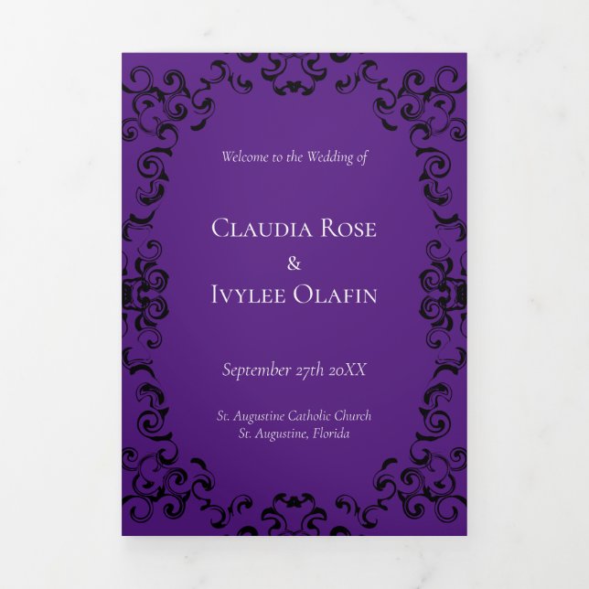 Purple & Black Swirl Gothic Wedding Tri-Fold Programme (Cover)