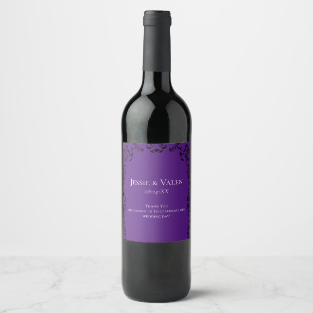 Purple & Black Swirl Gothic Wedding Wine Label (Front)