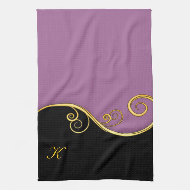 Purple-black Swirl with Initial(s) Tea Towel (Vertical)