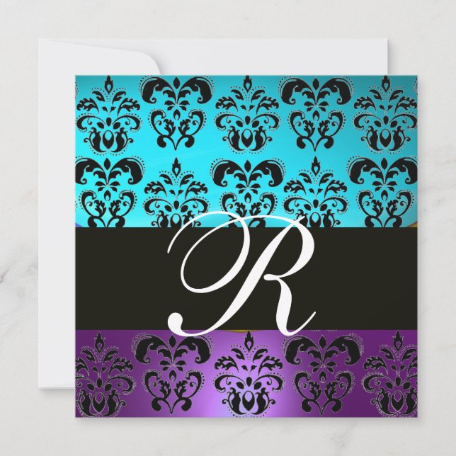 PURPLE BLACK TEAL BLUE TURQUOISE DAMASK MONOGRAM INVITATION (Front)