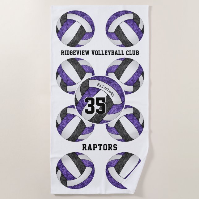 purple black team colours girly volleyballs patter beach towel (Front)